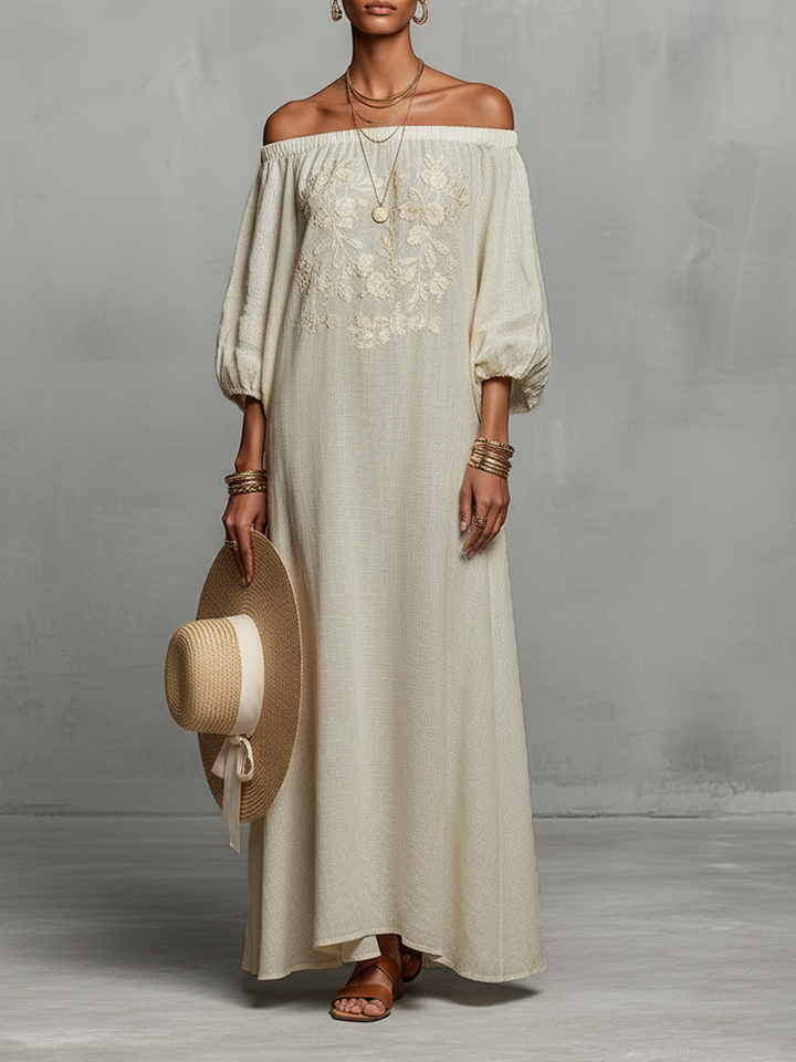 Roselyn | Off Shoulder Floral Embroidered Puff Sleeve Maxi Dress for Women