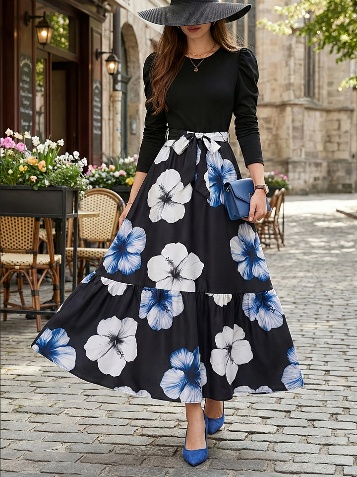 Women's Blue and Black Dress Floral Long Sleeve Maxi Set
