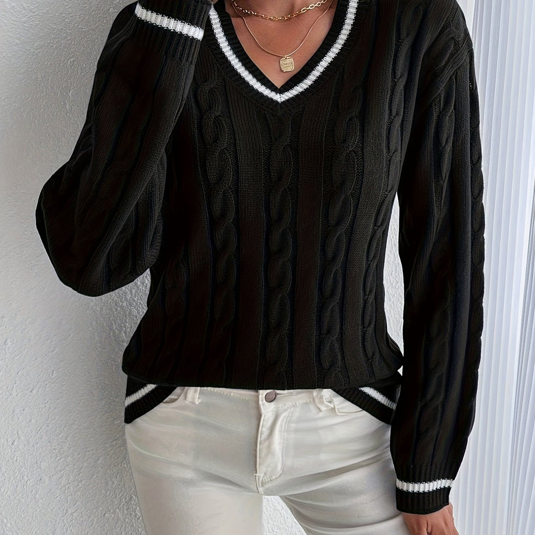 Women's Contrast Trim V Neck Long Sleeve Cable Knit Sweater