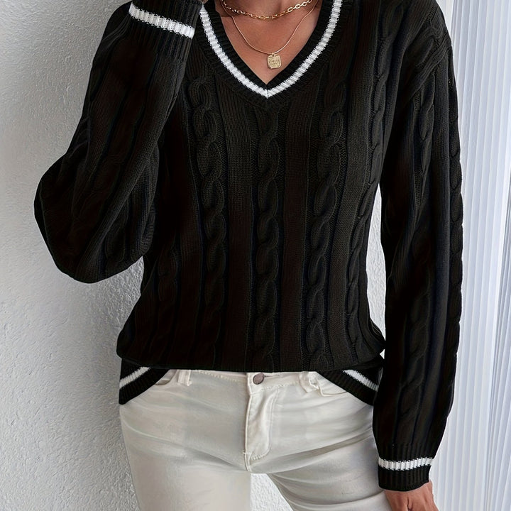 Women's Contrast Trim V Neck Long Sleeve Cable Knit Sweater