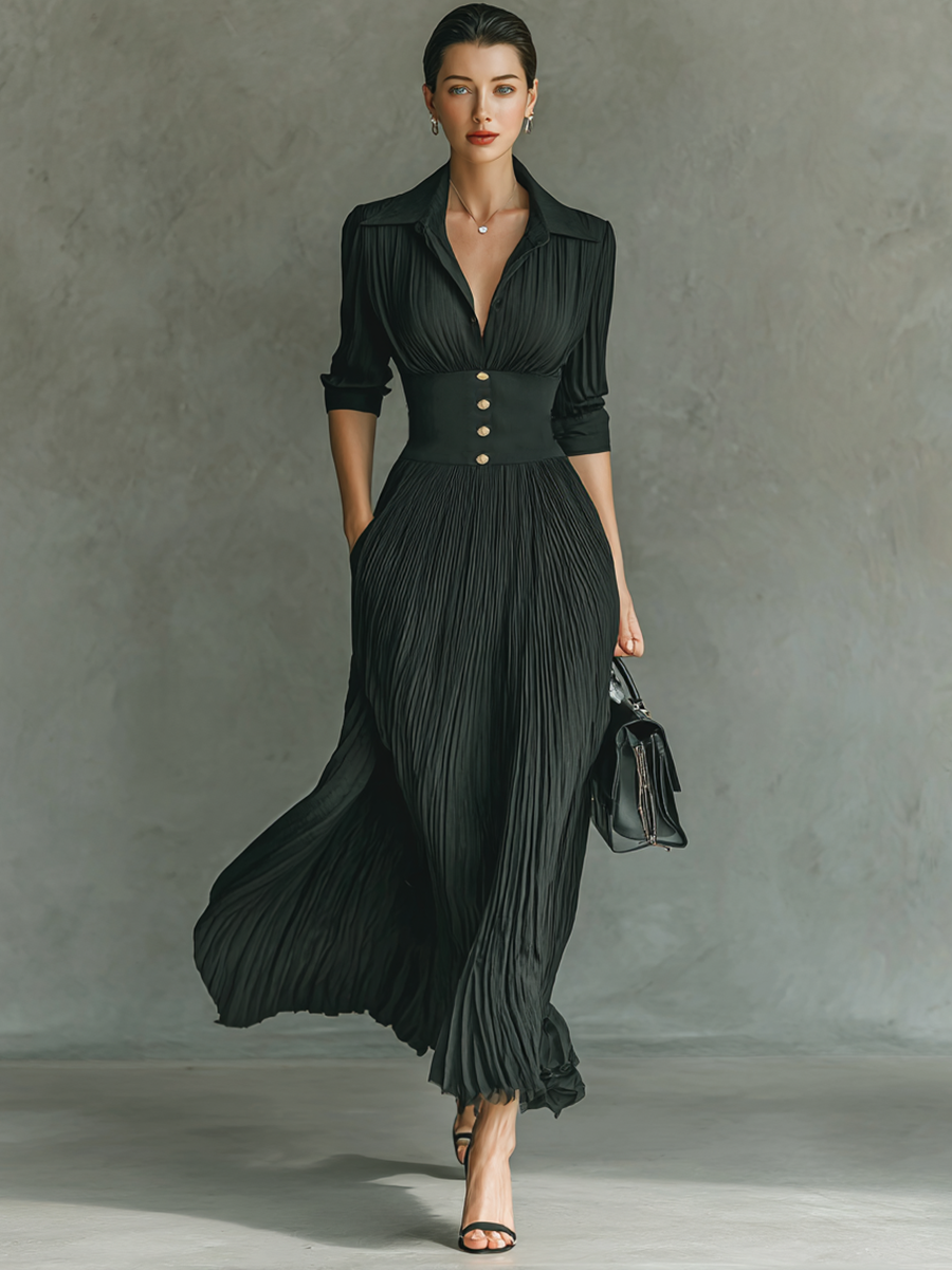 Petra | Black Pleated Lapel Corset Waist Long Sleeve Maxi Dress