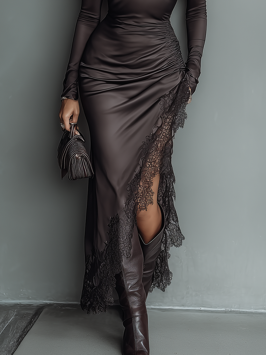 Mocha | Brown Satin Turtleneck Ruched Lace Hem Fitted Maxi Dress