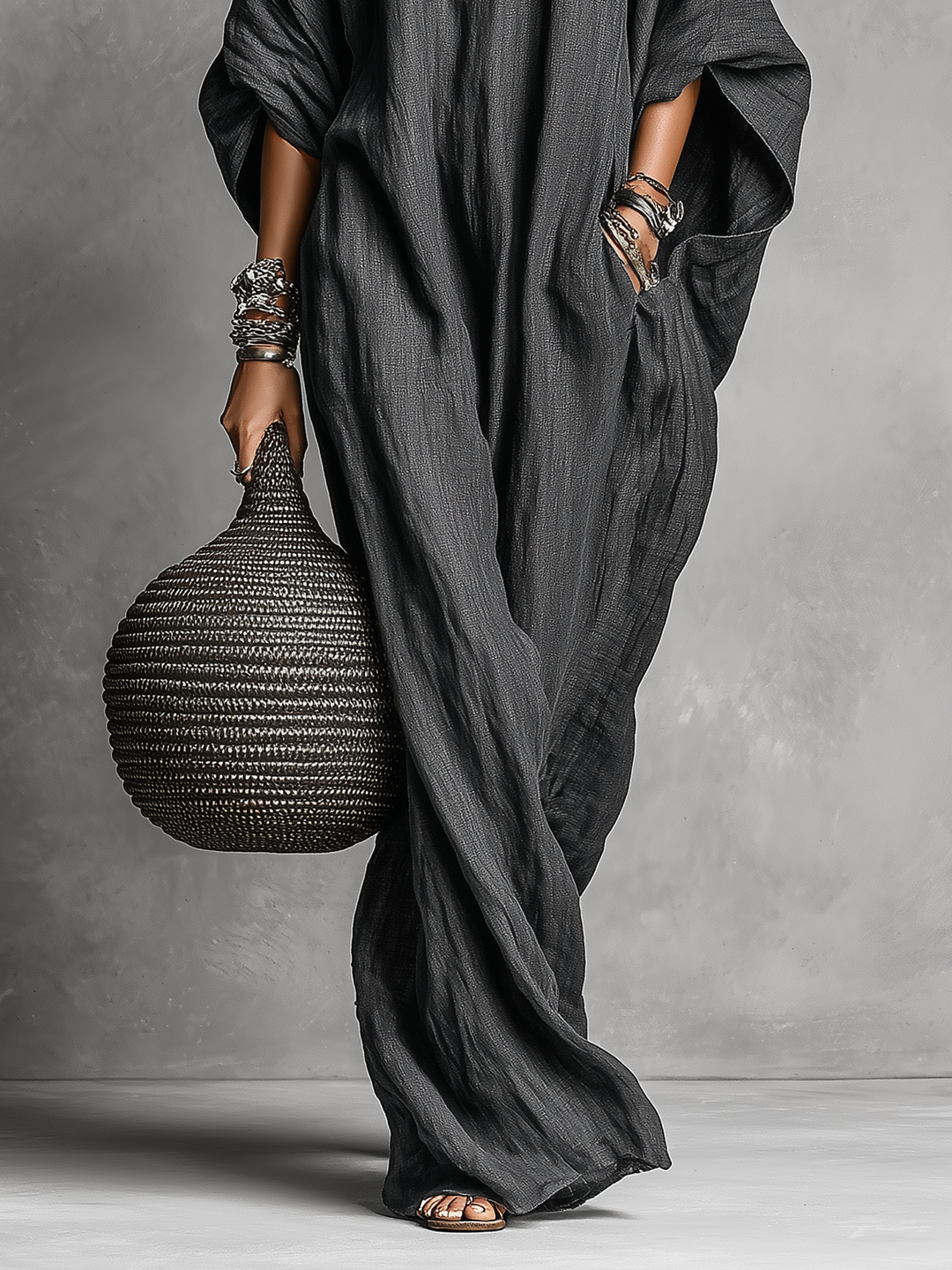 Sage | Gray Linen Batwing Sleeve Oversized Casual Maxi Dress
