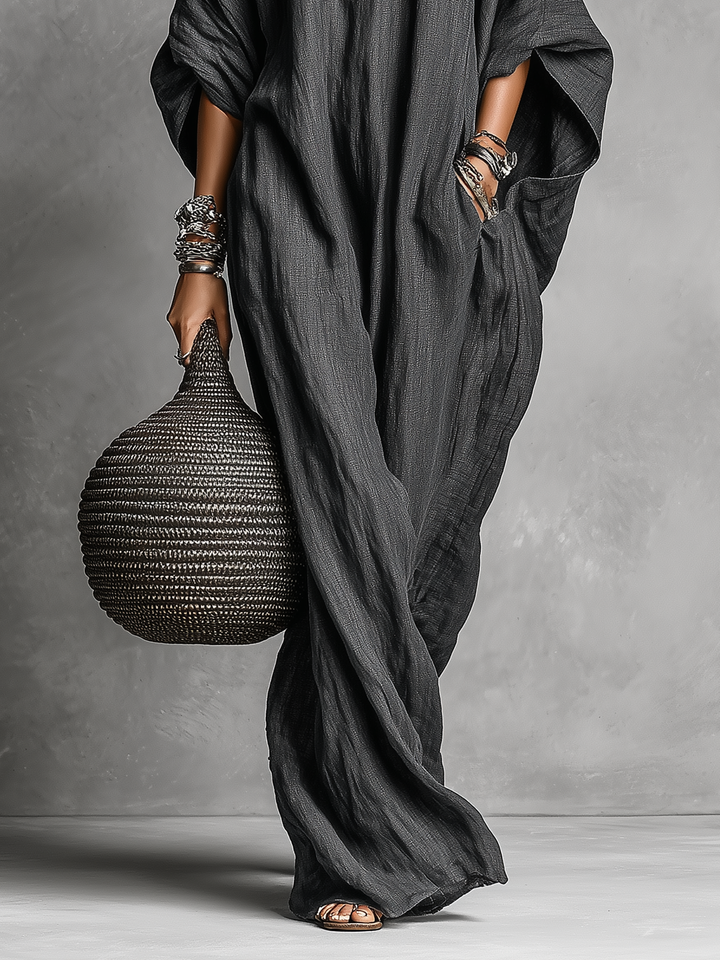 Sage | Gray Linen Batwing Sleeve Oversized Casual Maxi Dress