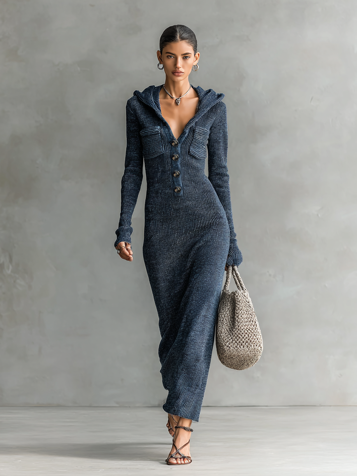 Sloane | Hooded Ribbed Knit Button Front Slim Fit Maxi Dress for Women