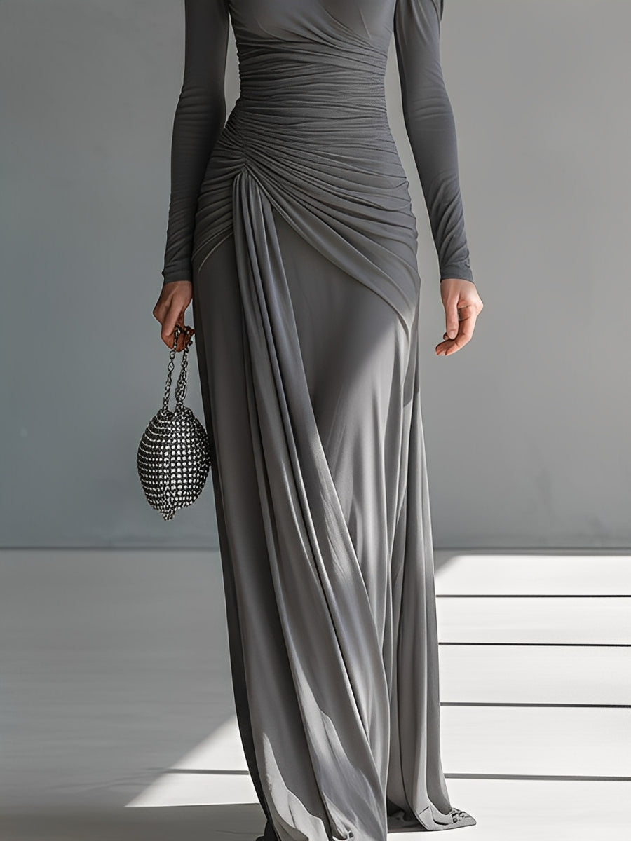 Sienna | Turtleneck Cutout Ruched Long Sleeve Fitted Formal Maxi Dress for Women