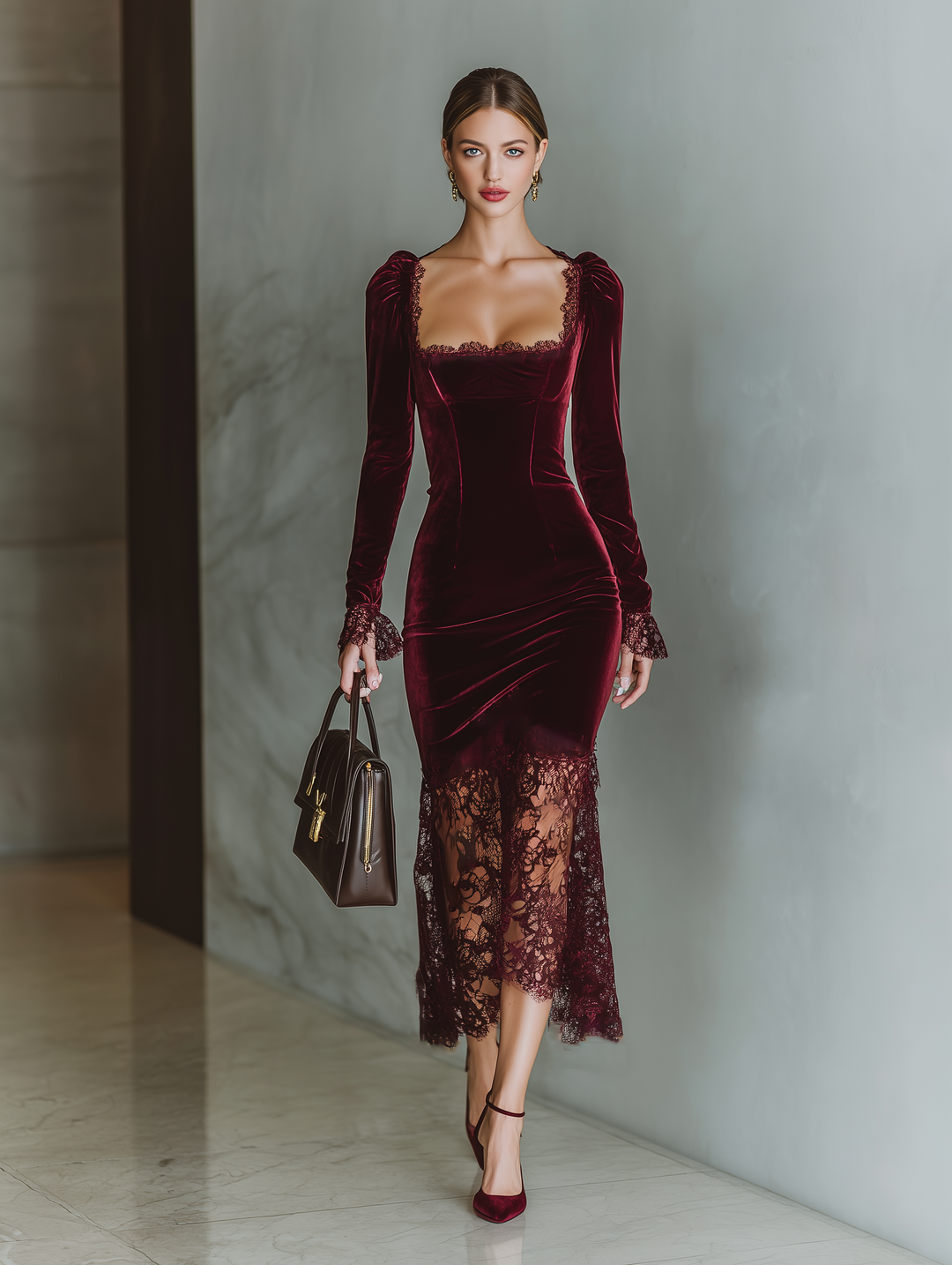 Scarlett | Velvet Square Neck Lace Trim Fitted Formal Maxi Dress
