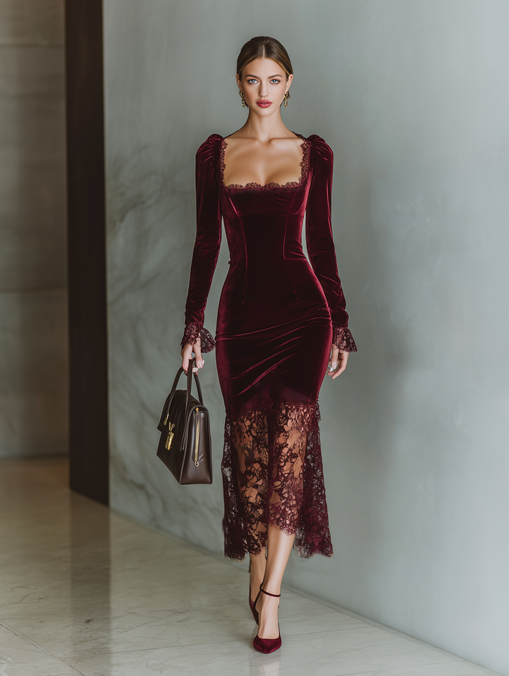 Scarlett | Velvet Square Neck Lace Trim Fitted Formal Maxi Dress