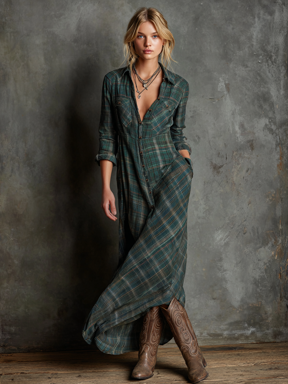 Wren | Plaid Flannel Button Front Long Sleeve Shirt Maxi Dress