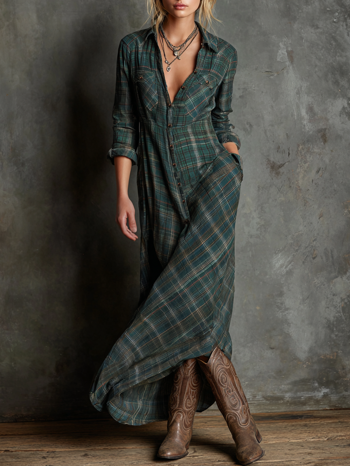 Wren | Plaid Flannel Button Front Long Sleeve Shirt Maxi Dress