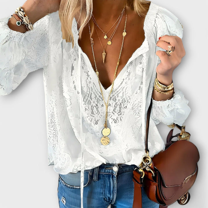 Elegant Sheer Lace Blouse for Women with V Neck Long Sleeve Button Front Ruffle Romantic Style