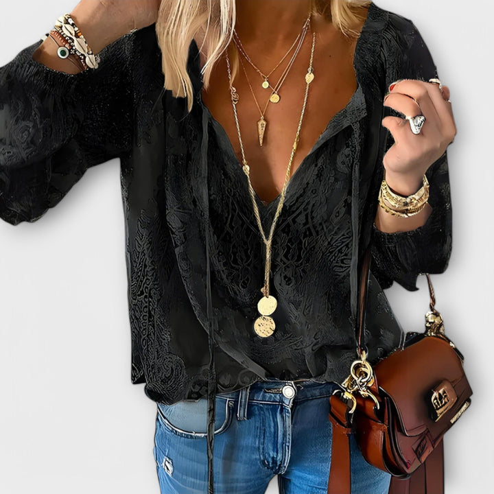 Elegant Sheer Lace Blouse for Women with V Neck Long Sleeve Button Front Ruffle Romantic Style