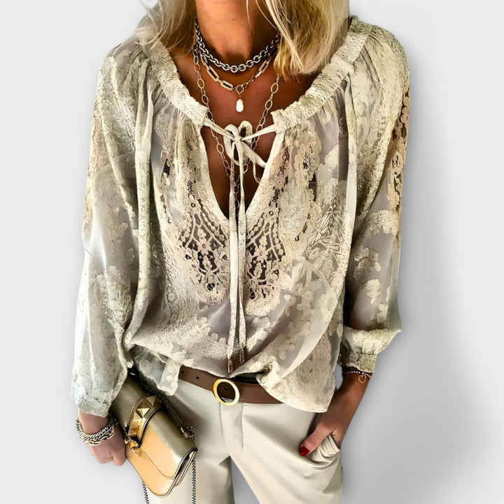Elegant Sheer Lace Blouse for Women with V Neck Long Sleeve Button Front Ruffle Romantic Style