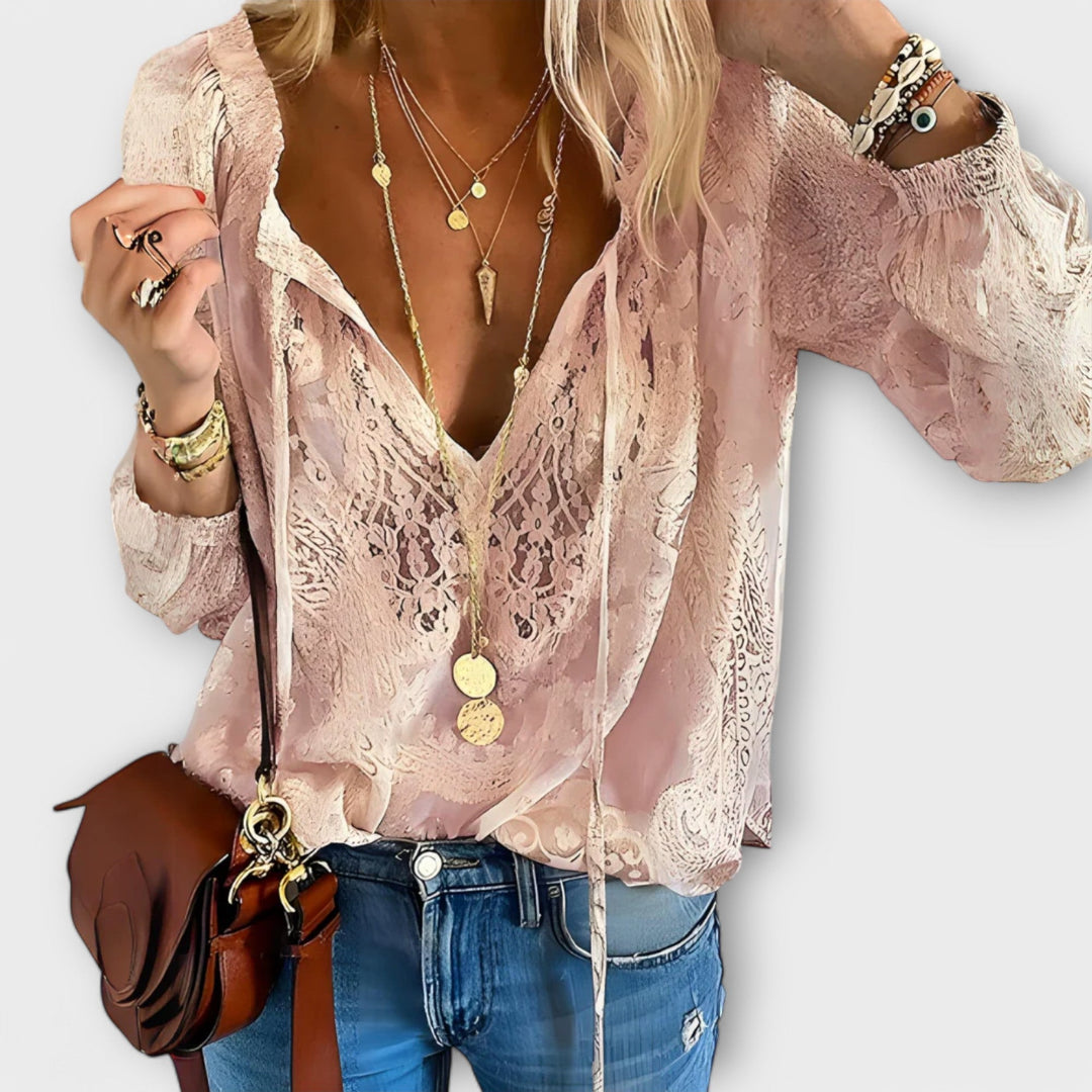 Elegant Sheer Lace Blouse for Women with V Neck Long Sleeve Button Front Ruffle Romantic Style