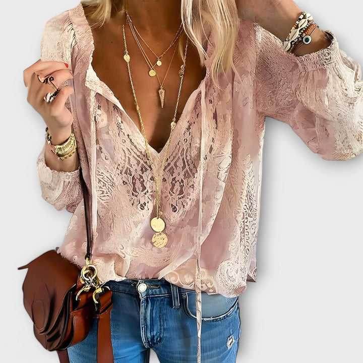Elegant Sheer Lace Blouse for Women with V Neck Long Sleeve Button Front Ruffle Romantic Style