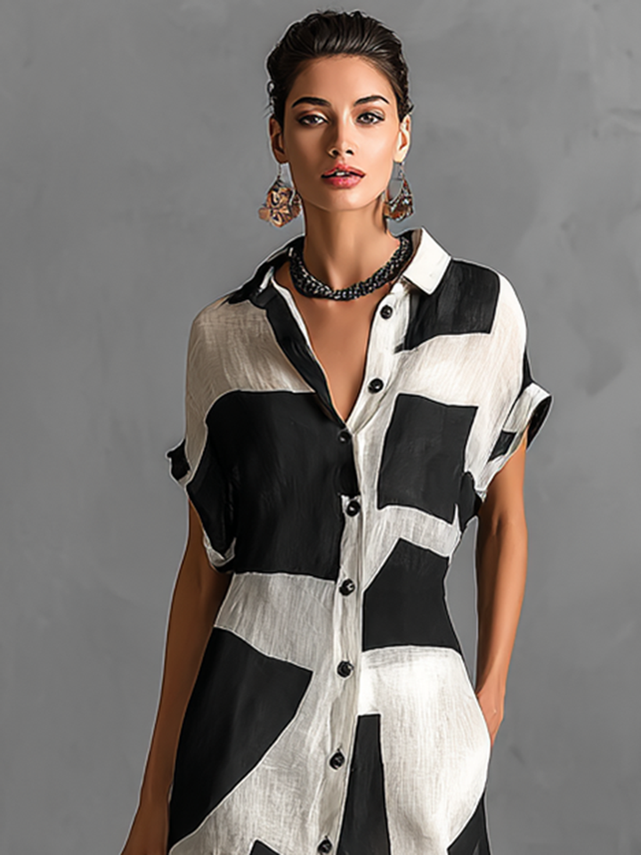 Blair | Black White Color Block Linen Shirt Maxi Dress