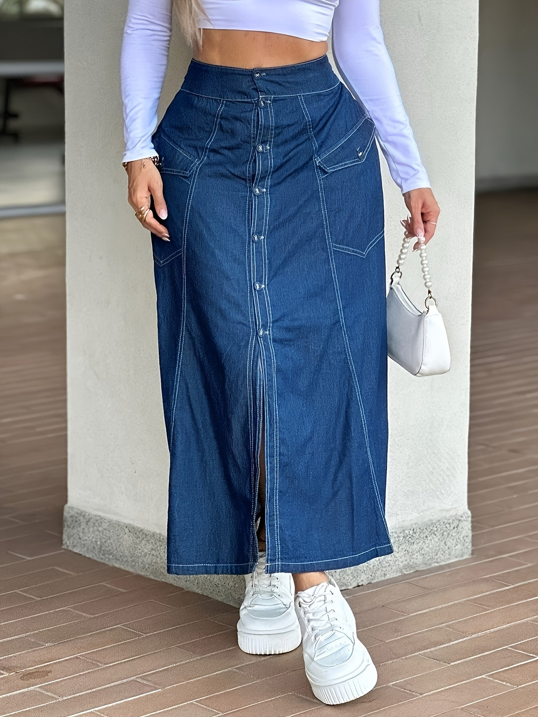 Women's Blue Denim High Waist Front Slit Maxi Long Skirt