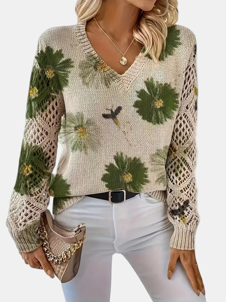 Comfortable Floral Crochet Sweater for Women with V Neck Long Sleeve Oversized Knit Style