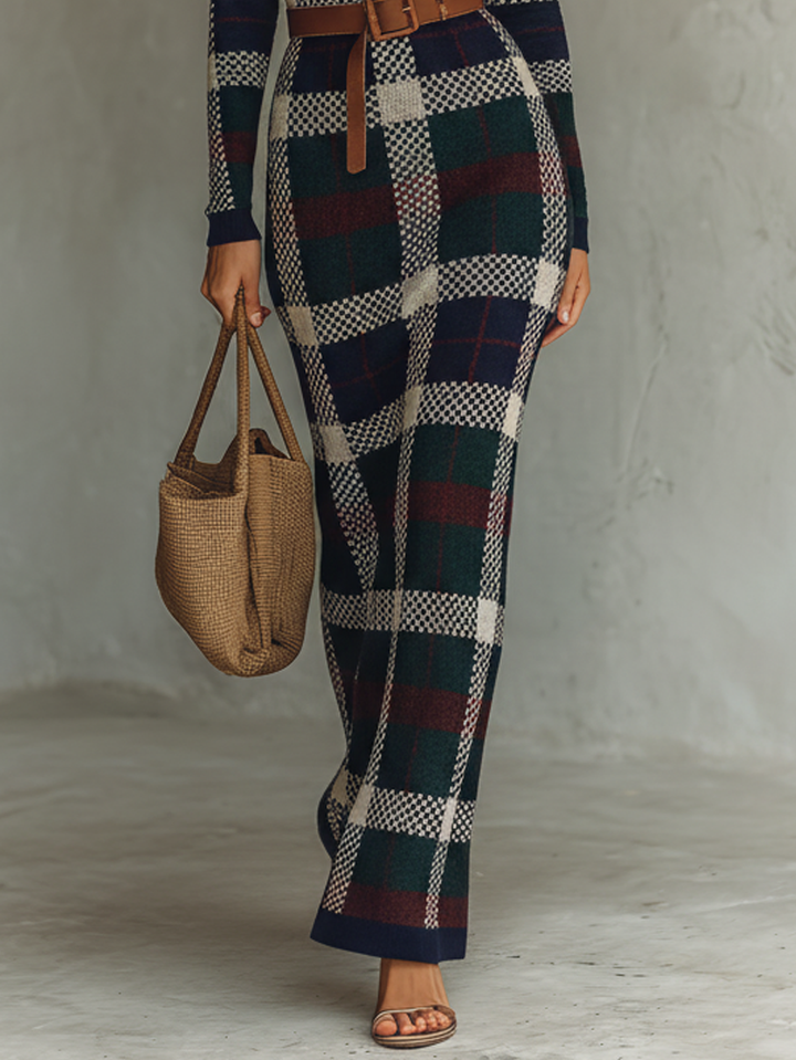 Dana | Plaid Knit Square Neck Belt Waist Fitted Maxi Dress