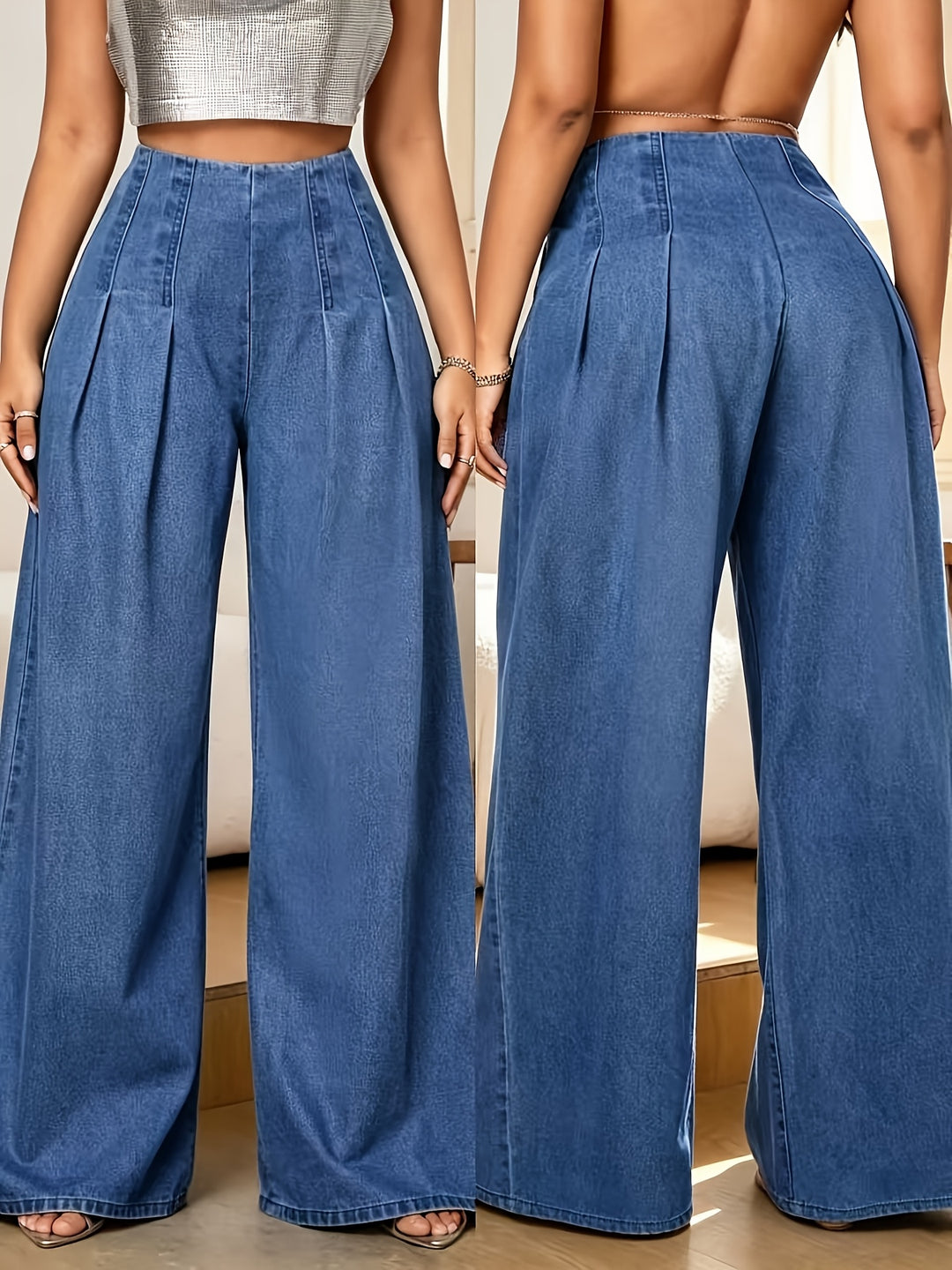 Women's Blue Denim Pleated Wide Leg Palazzo High Waisted Pants