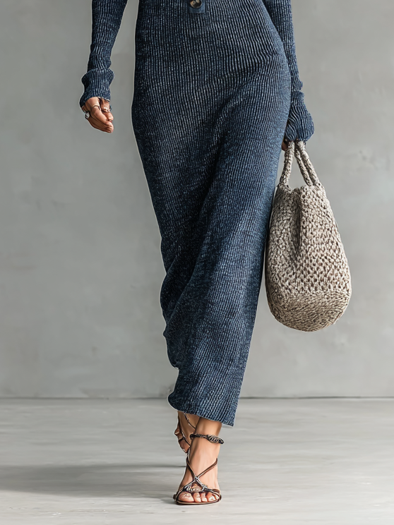Sloane | Hooded Ribbed Knit Button Front Slim Fit Maxi Dress for Women