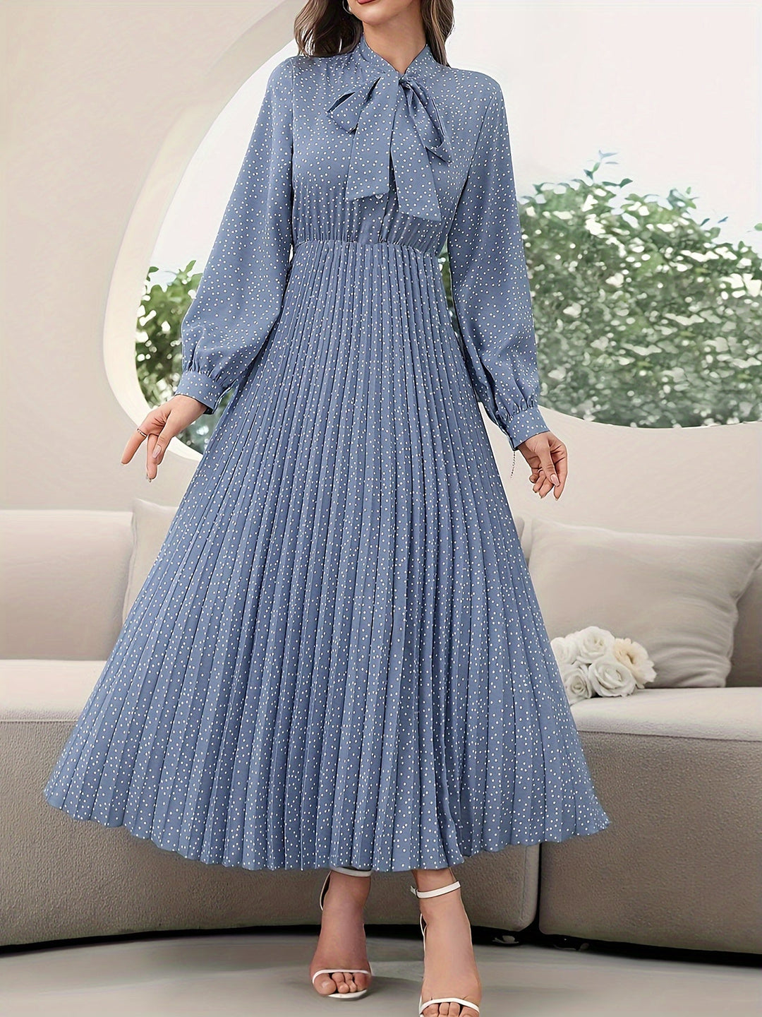 Elegant Polka Dot Maxi Dress for Women with Tie Neck Long Sleeve Pleated Belted Flowing Style
