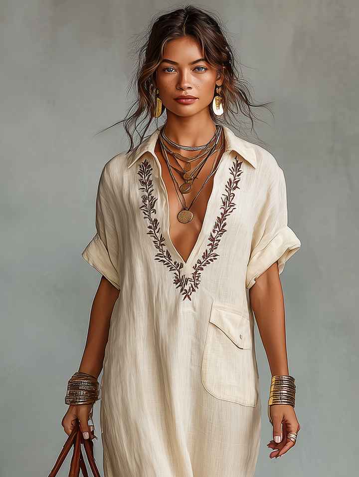 June | Beige Linen Embroidered V Neck Shirt Maxi Dress