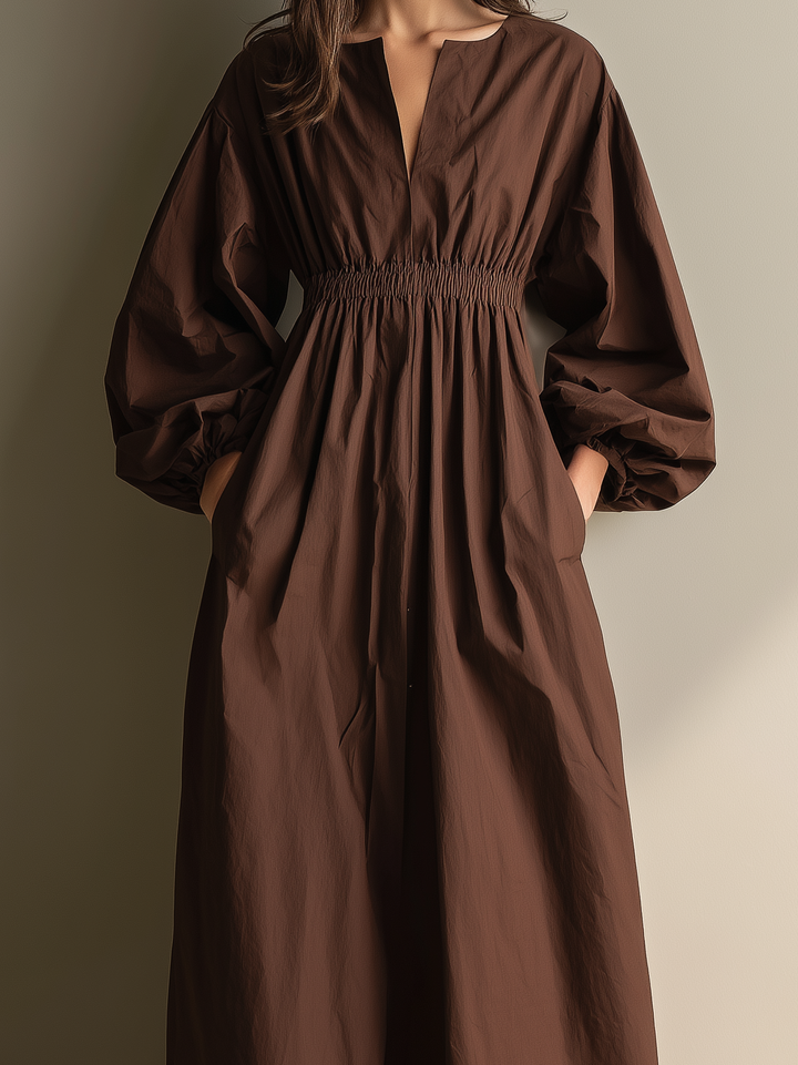 Autumn | Brown V Neck Puff Sleeve Elastic Waist Casual Maxi Dress