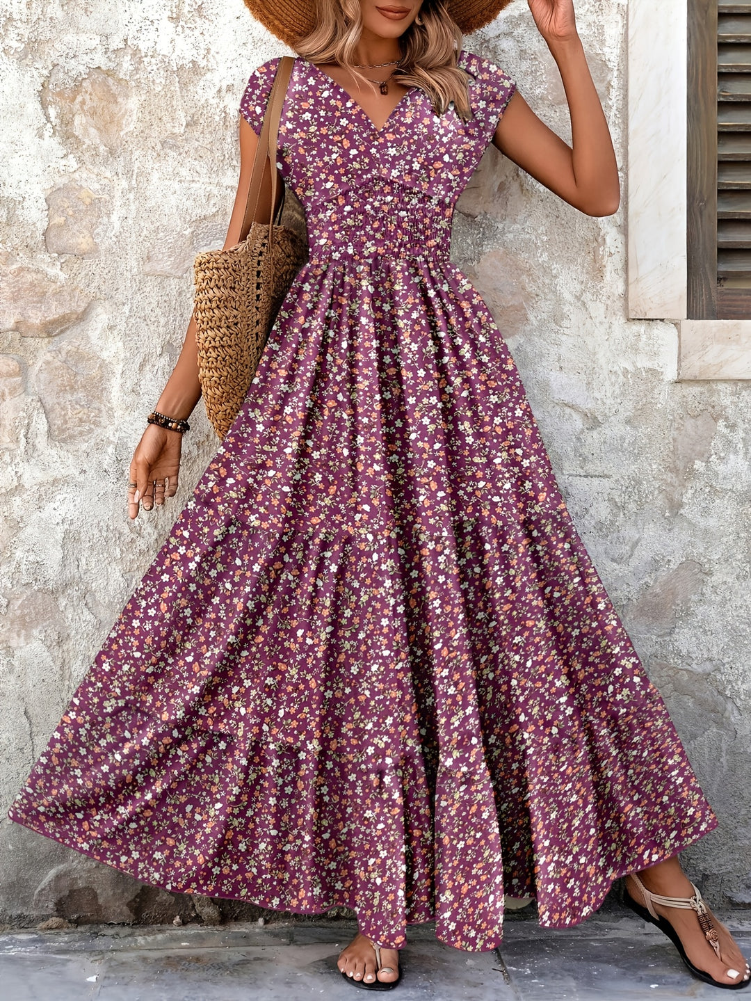 Women's Ditsy Floral Smocked Tiered Maxi Boho Dress