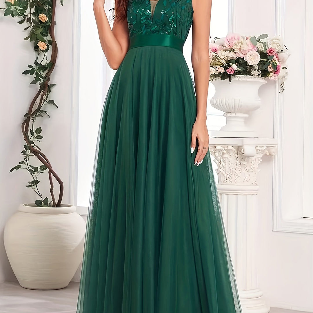 Elegant Embroidered Sequin Maxi Dress for Women with V Neck Sleeveless A Line Formal Wedding Guest Style