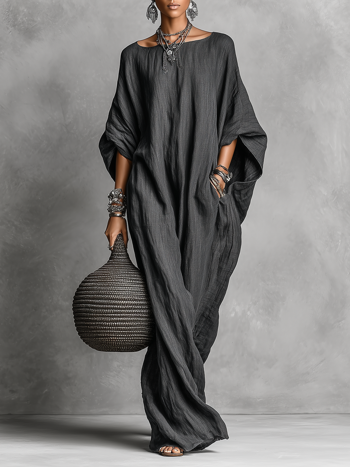 Sage | Gray Linen Batwing Sleeve Oversized Casual Maxi Dress