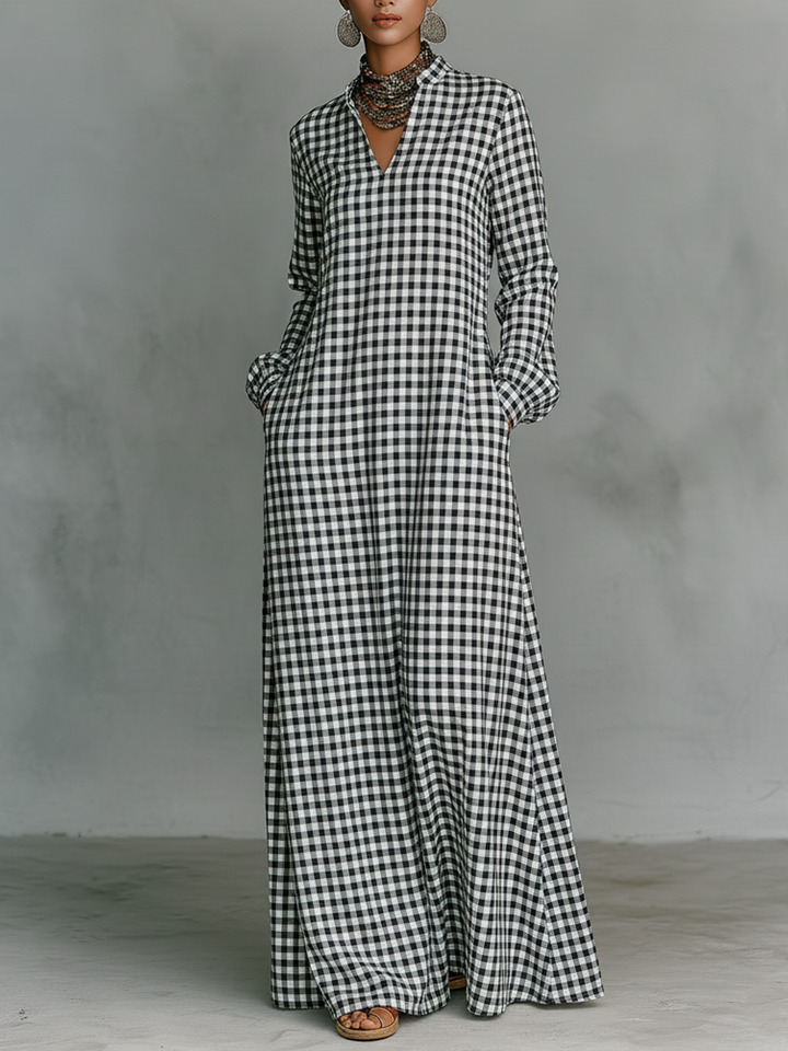Paige | Black White Gingham V Neck Oversized Casual Maxi Dress