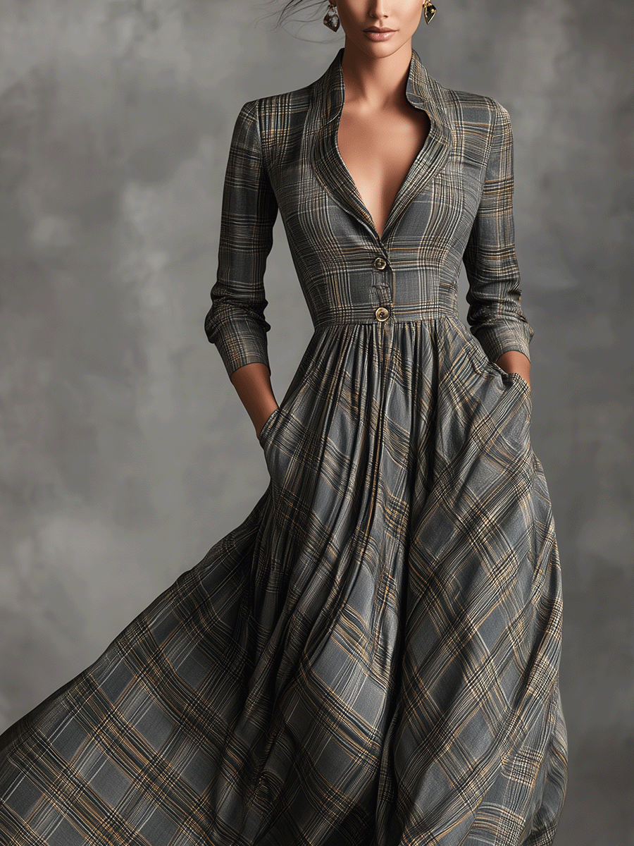 Fiona | Tartan Plaid Lapel Button Waist Flared Maxi Dress for Women
