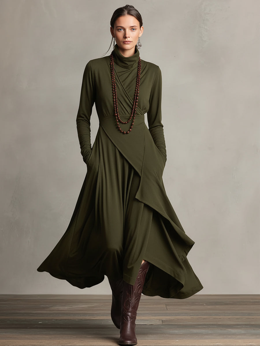 Celeste | Purple Dress for Women with Turtleneck Asymmetric Draped Maxi Style