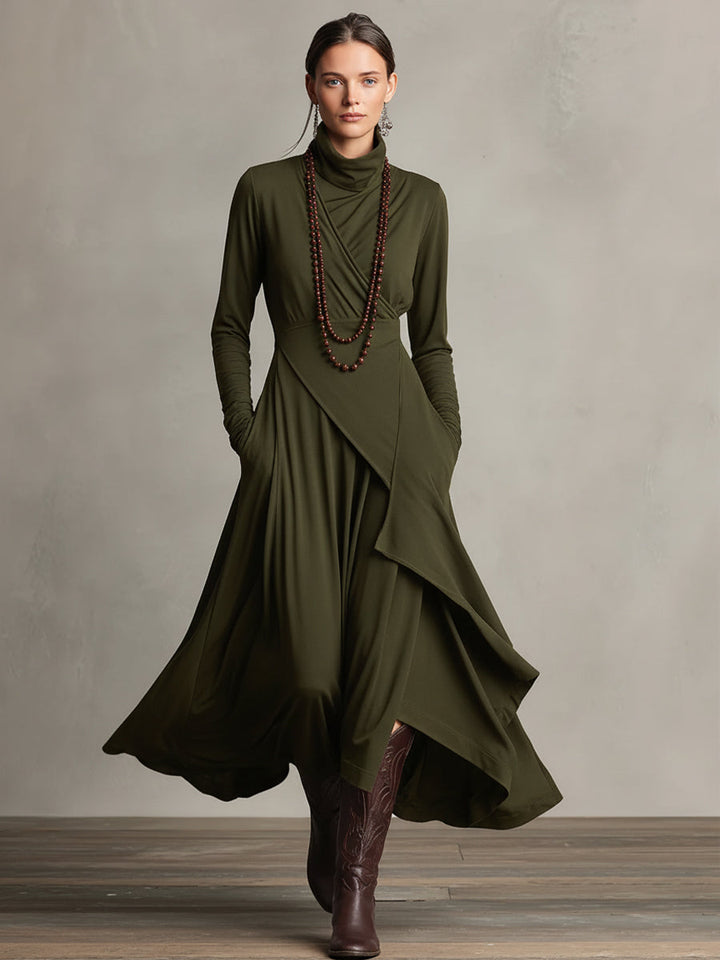 Celeste | Purple Dress for Women with Turtleneck Asymmetric Draped Maxi Style