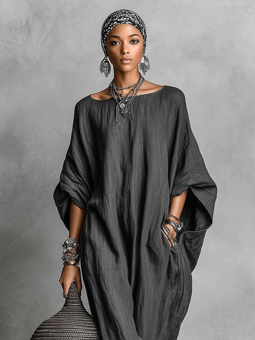 Sage | Gray Linen Batwing Sleeve Oversized Casual Maxi Dress
