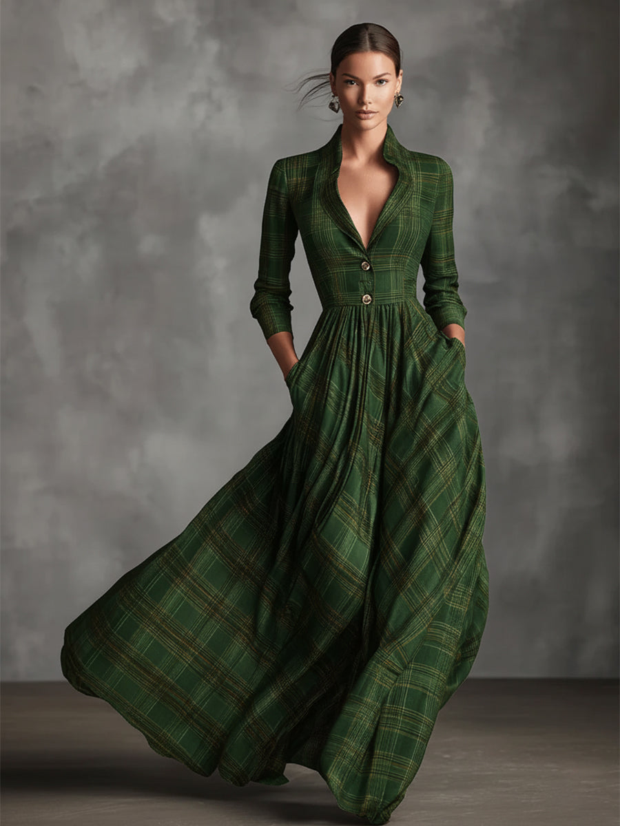 Fiona | Tartan Plaid Lapel Button Waist Flared Maxi Dress for Women