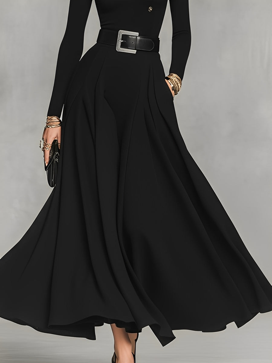 Mila | Black Turtleneck Gold Button Belt Waist Flared Maxi Dress