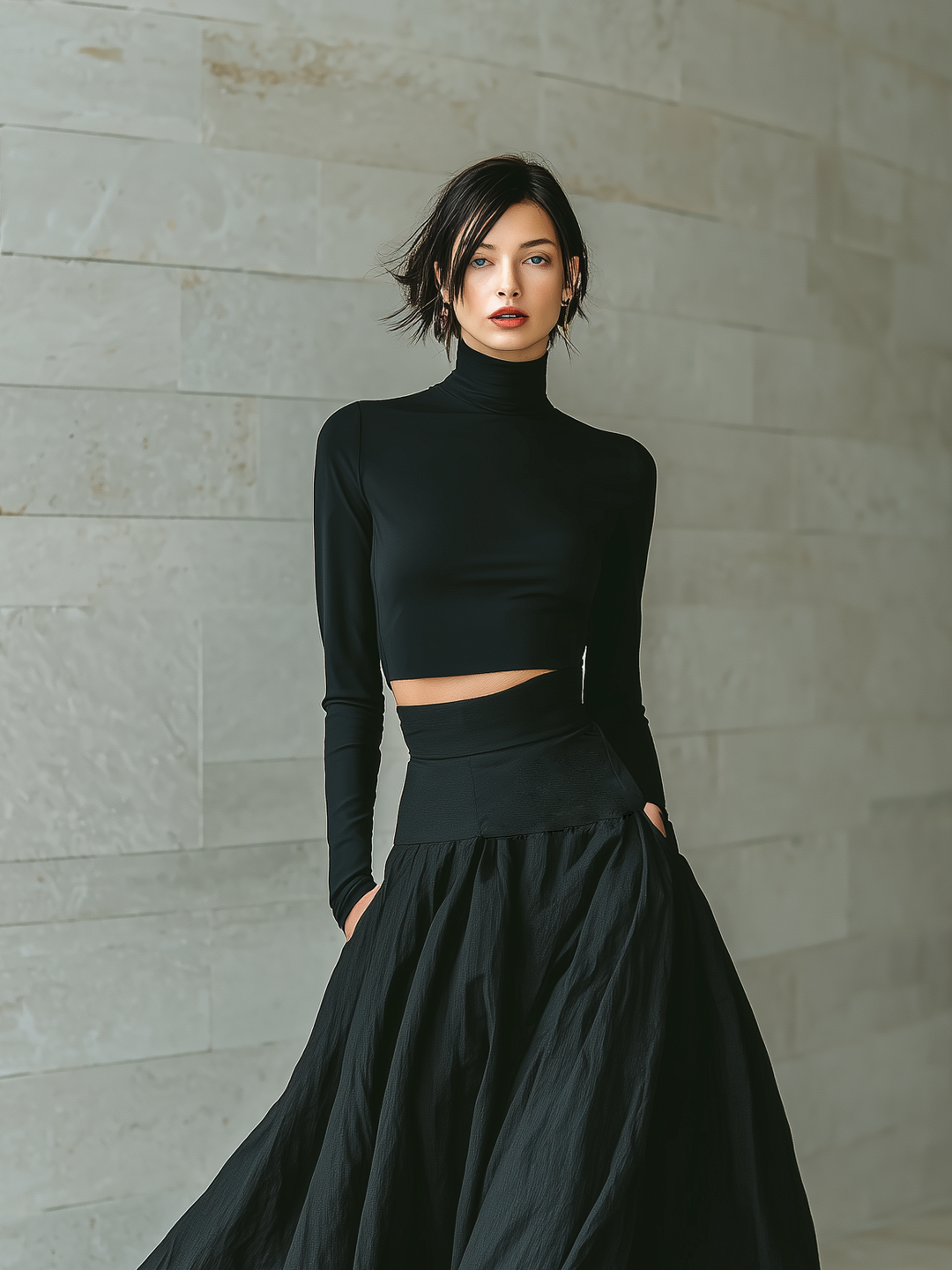 Zoe | Black Two Piece Set Turtleneck Crop Top Flared Maxi Skirt Formal Style