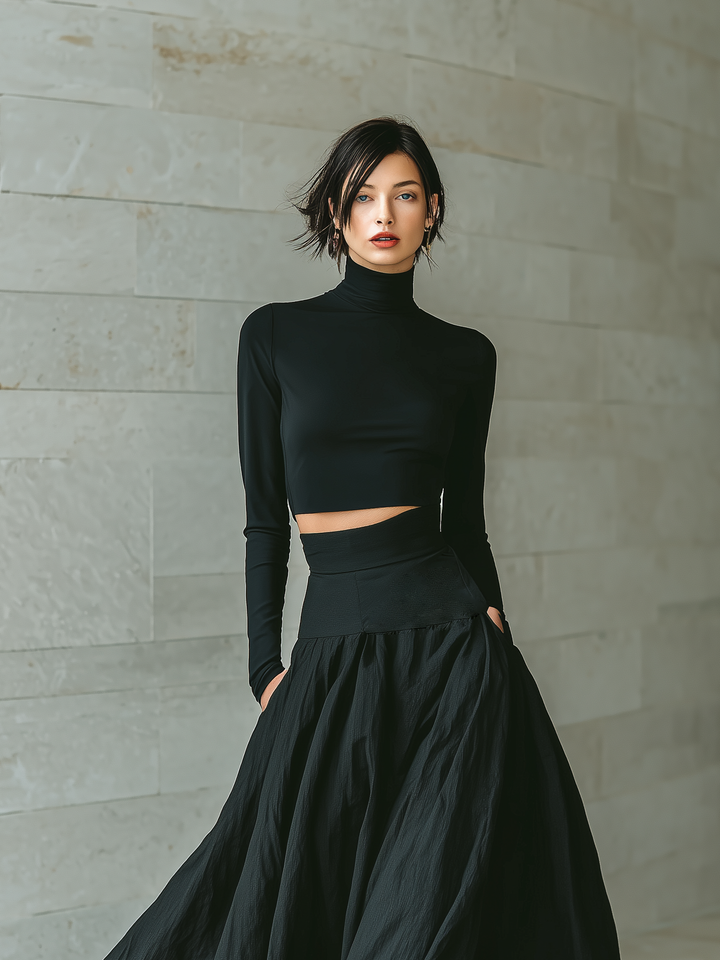 Zoe | Black Two Piece Set Turtleneck Crop Top Flared Maxi Skirt Formal Style