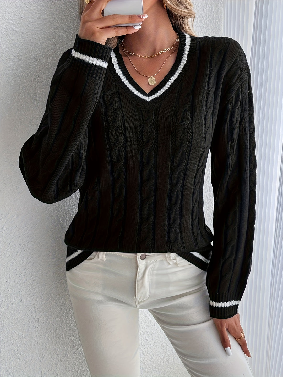 Women's Contrast Trim V Neck Long Sleeve Cable Knit Sweater