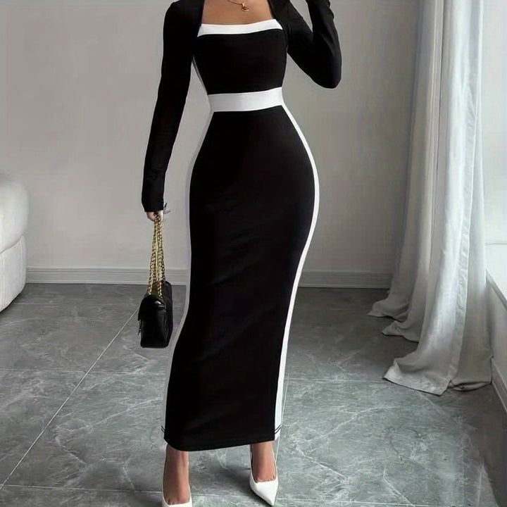 Elegant Black Colorblock Maxi Dress for Women with Square Neck Long Sleeve Bodycon Column Style