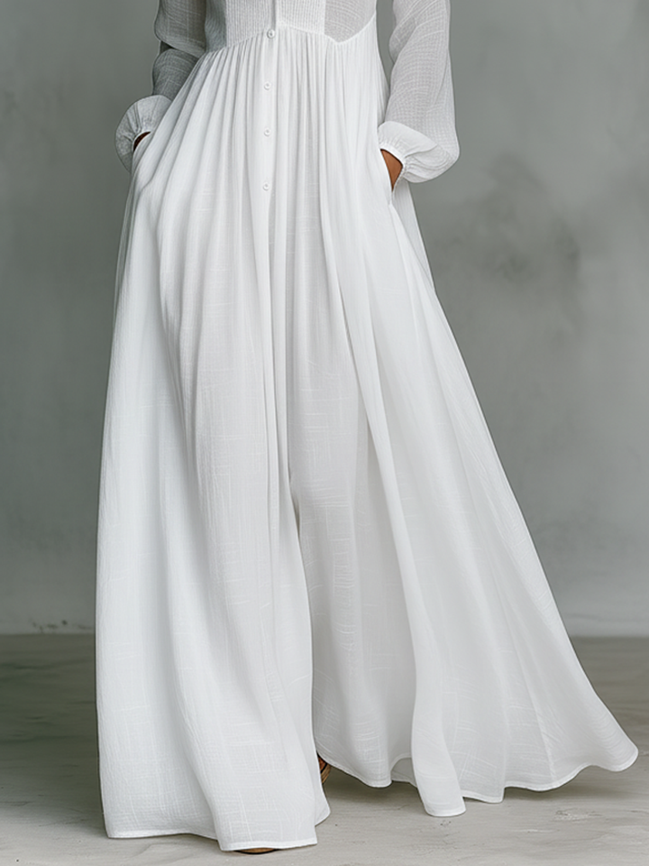 Lauren | Linen Stand Collar Pleated Maxi Dress for Women