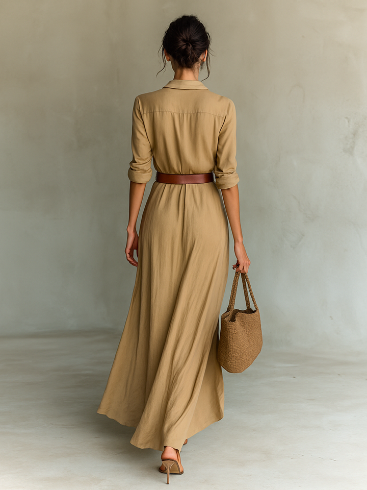 Camille | Lapel Collar Belt Waist Draped Long Sleeve Maxi Dress for Women