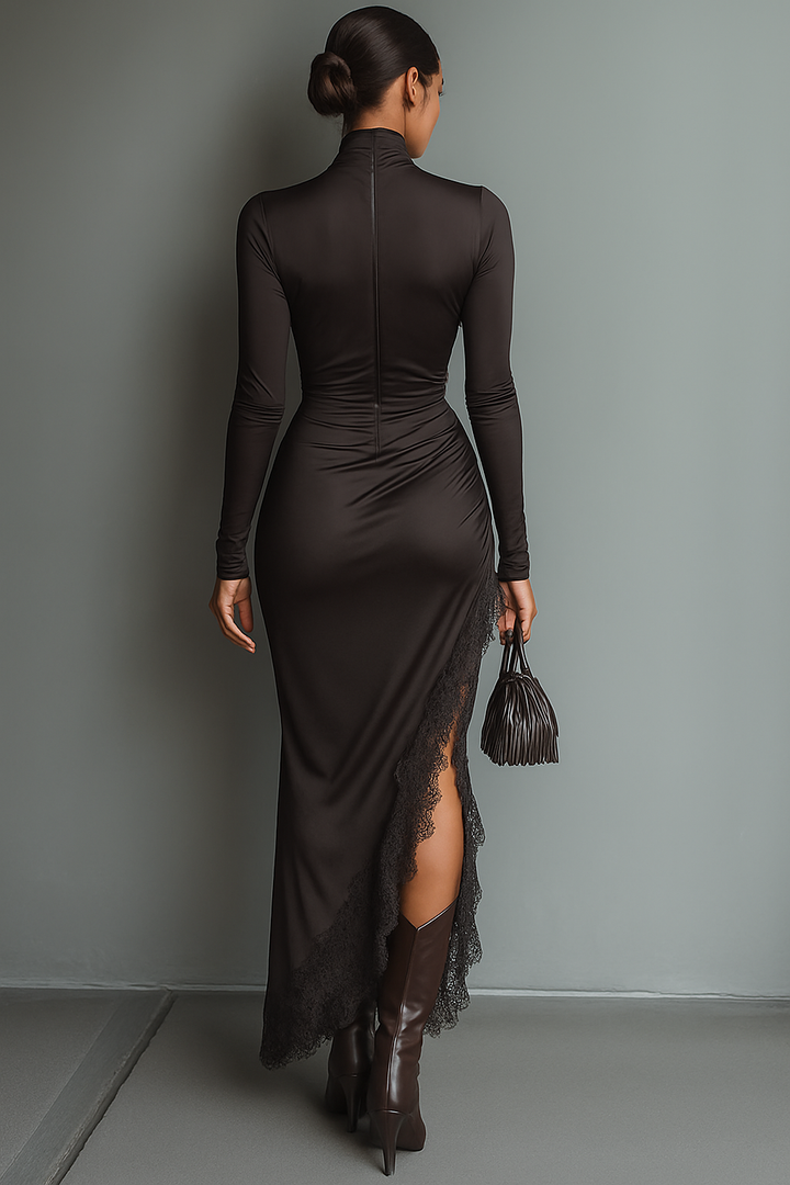 Mocha | Brown Satin Turtleneck Ruched Lace Hem Fitted Maxi Dress