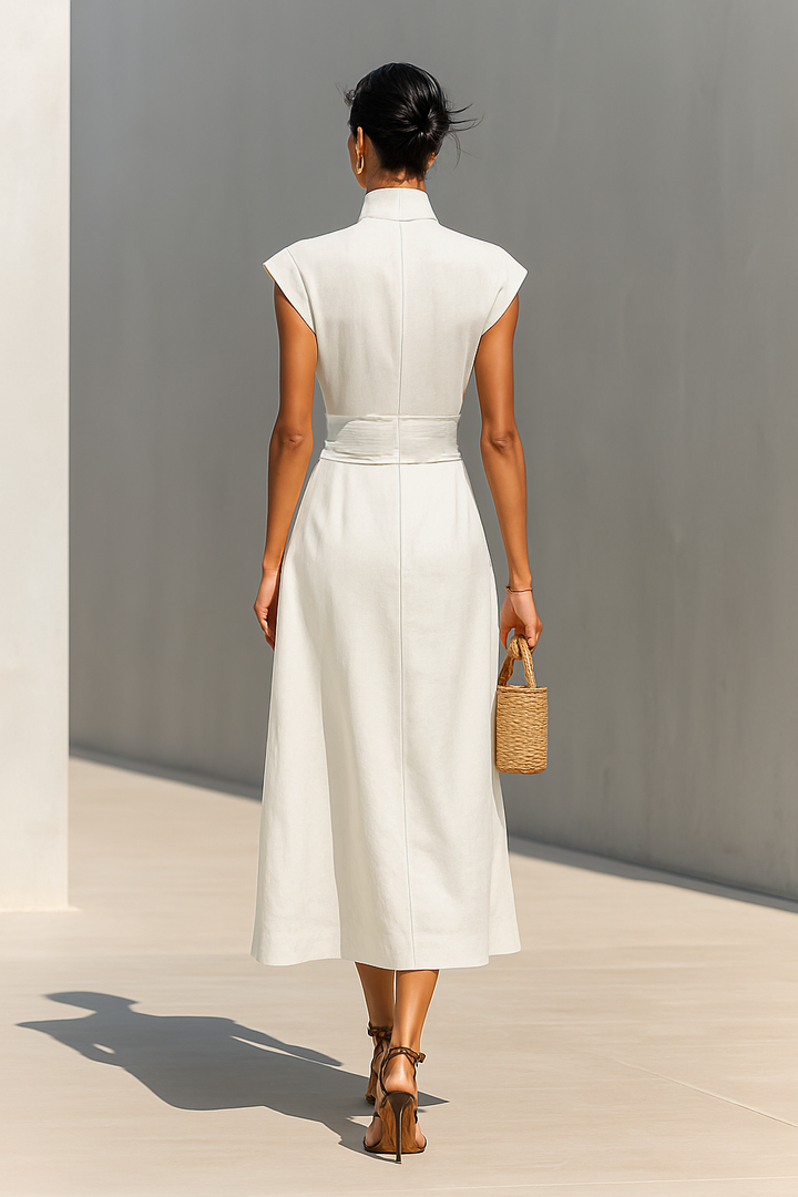 Sophia | Beige Cotton Lapel Cap Sleeve Belted Maxi Dress