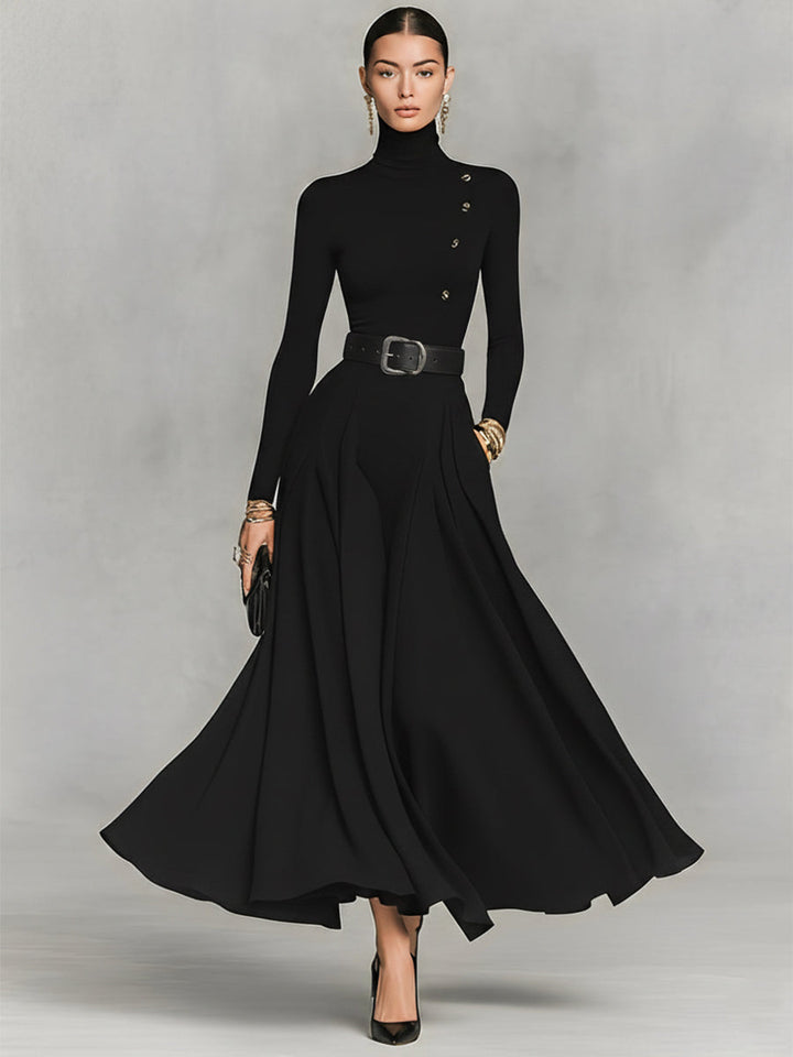 Mila | Black Turtleneck Gold Button Belt Waist Flared Maxi Dress
