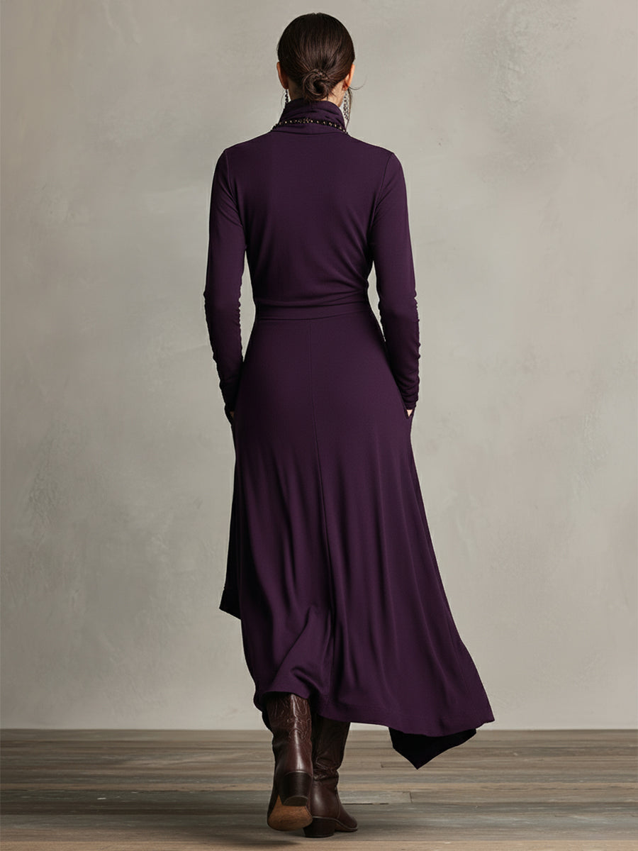 Celeste | Purple Dress for Women with Turtleneck Asymmetric Draped Maxi Style