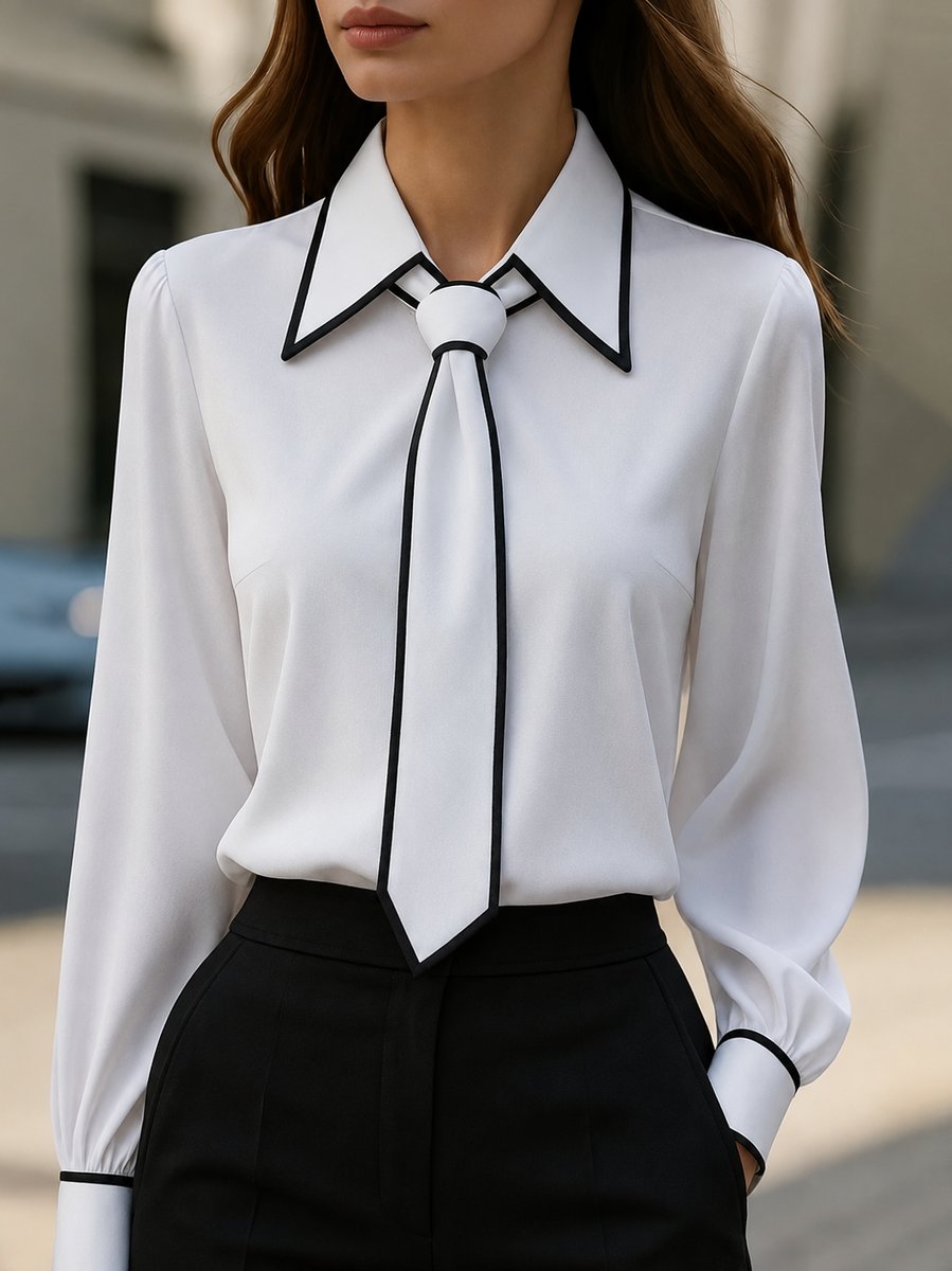 Elegant Satin Necktie Blouse for Women with Pointed Collar Long Sleeve Contrast Trim Office Work Style