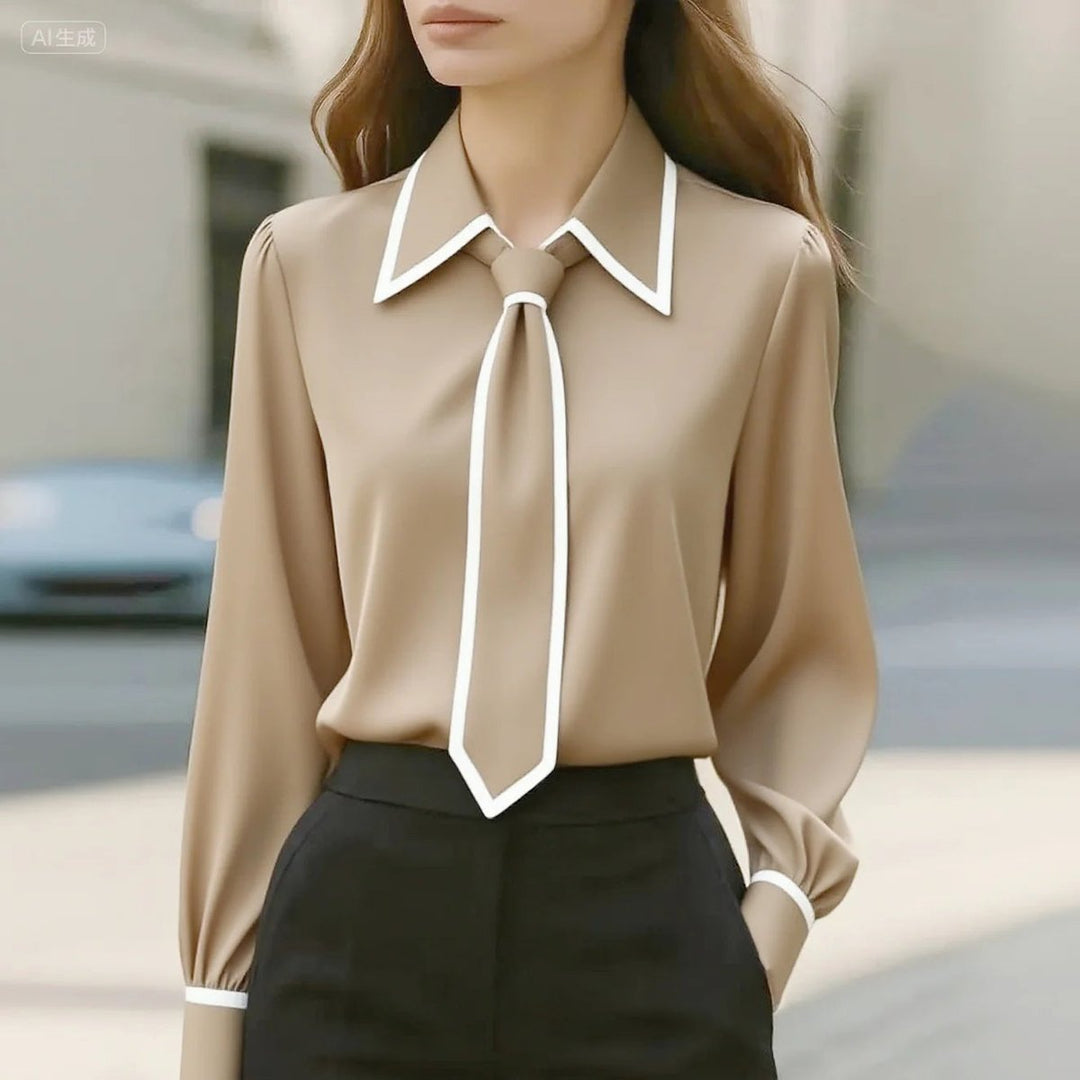 Elegant Satin Necktie Blouse for Women with Pointed Collar Long Sleeve Contrast Trim Office Work Style